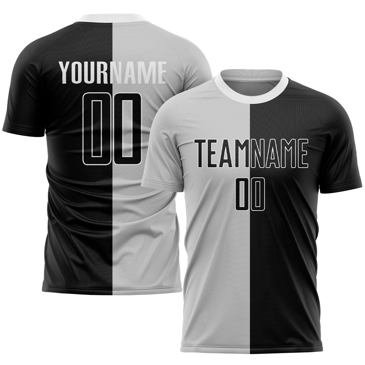 Camiseta de fútbol personalizada con sublimación en gris, negro y blanco, dividida en dos partes
