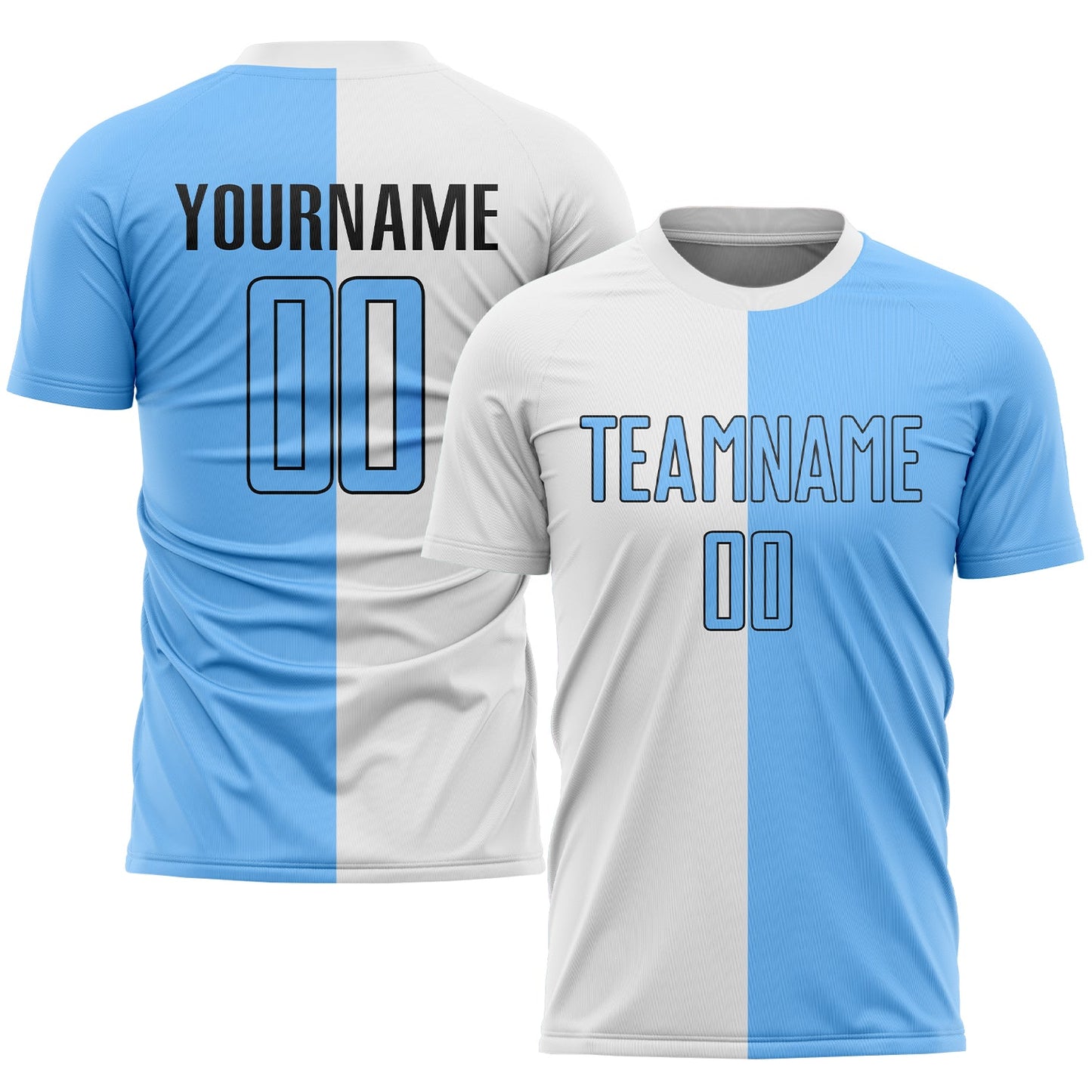 Camiseta de fútbol personalizada, blanca, azul claro y negra, con sublimación dividida