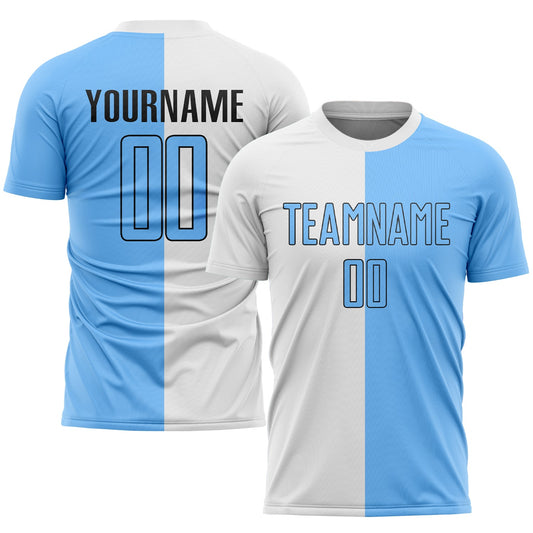 Camiseta de fútbol personalizada, blanca, azul claro y negra, con sublimación dividida