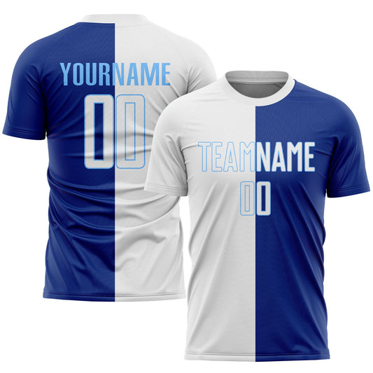 Camiseta de fútbol personalizada con sublimación en blanco rey y azul claro.
