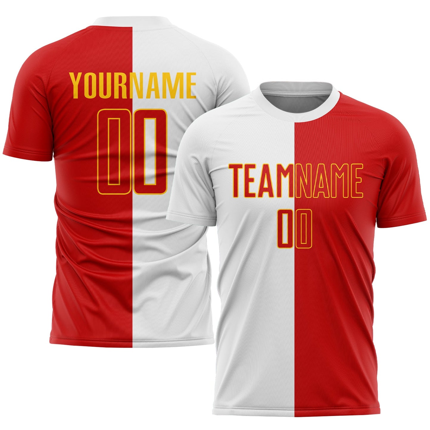 Camiseta de fútbol personalizada con sublimación en blanco, rojo y dorado, con división de colores.