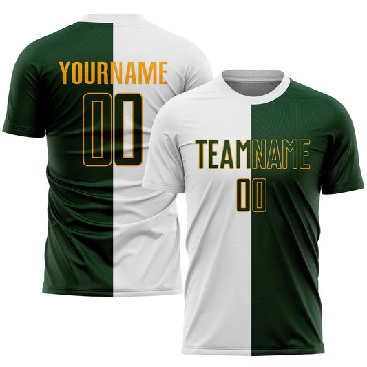 Camiseta de fútbol personalizada con sublimación en blanco, verde y dorado, dividida en dos partes