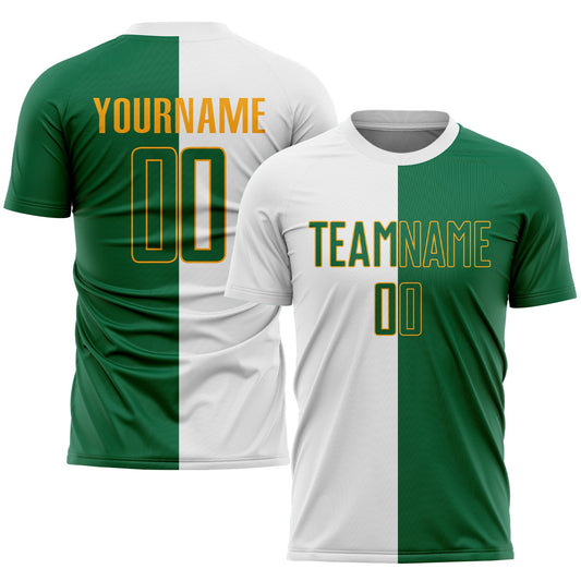 Camiseta de fútbol personalizada de moda dividida en blanco, verde Kelly y dorado por sublimación
