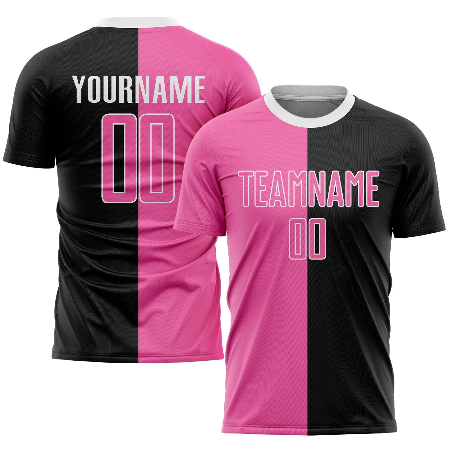 Camiseta de fútbol personalizada con sublimación en negro, rosa y blanco.