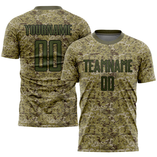 Camiseta de fútbol personalizada de camuflaje verde oliva y negro con sublimación "Salute to Service"