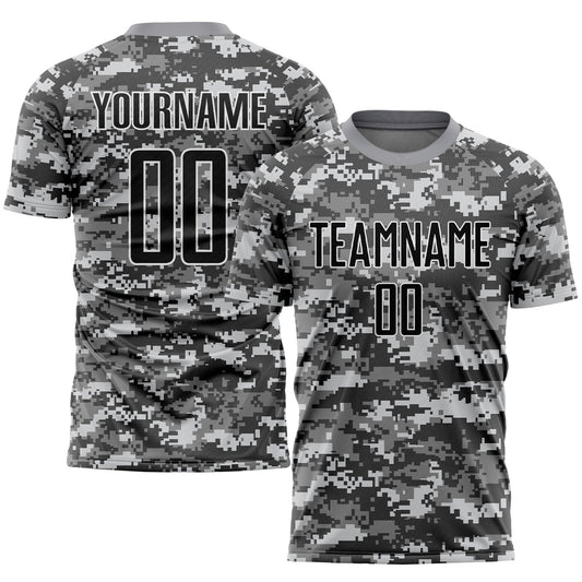 Camiseta de fútbol personalizada de camuflaje negro y gris con sublimación "Salute to Service"