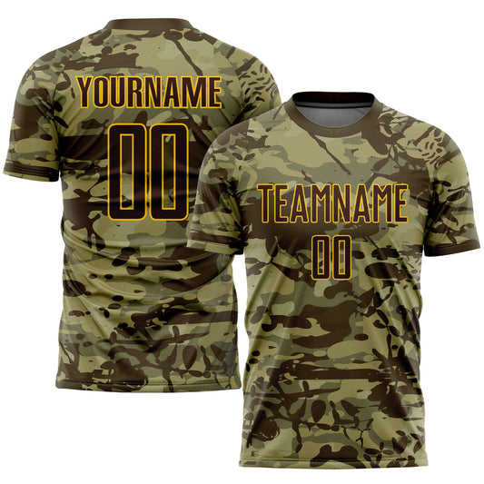 Camiseta de fútbol personalizada con sublimación de camuflaje marrón y dorado "Saludo al Servicio"