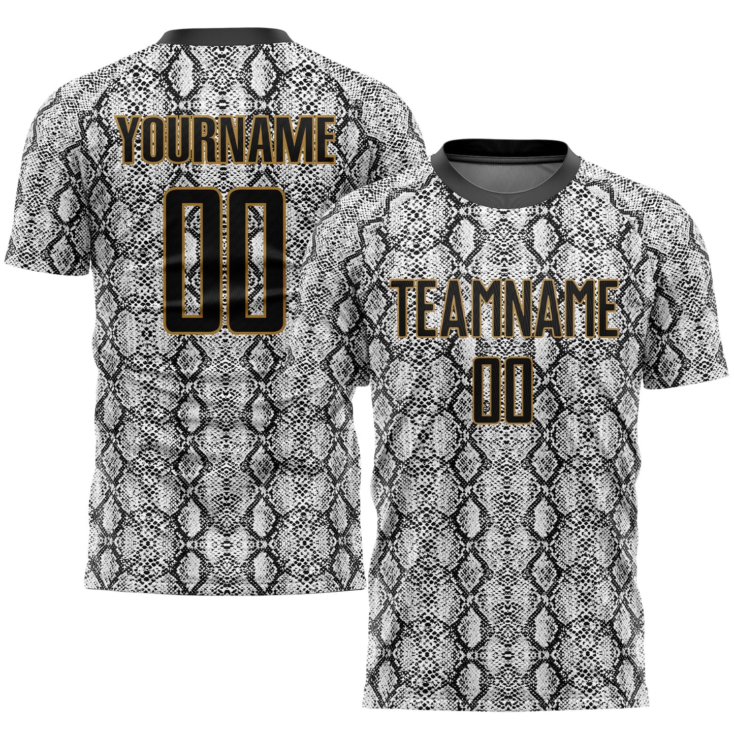 Camiseta de fútbol personalizada de piel de serpiente con sublimación en negro y oro viejo