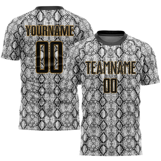 Camiseta de fútbol personalizada de piel de serpiente con sublimación en negro y oro viejo