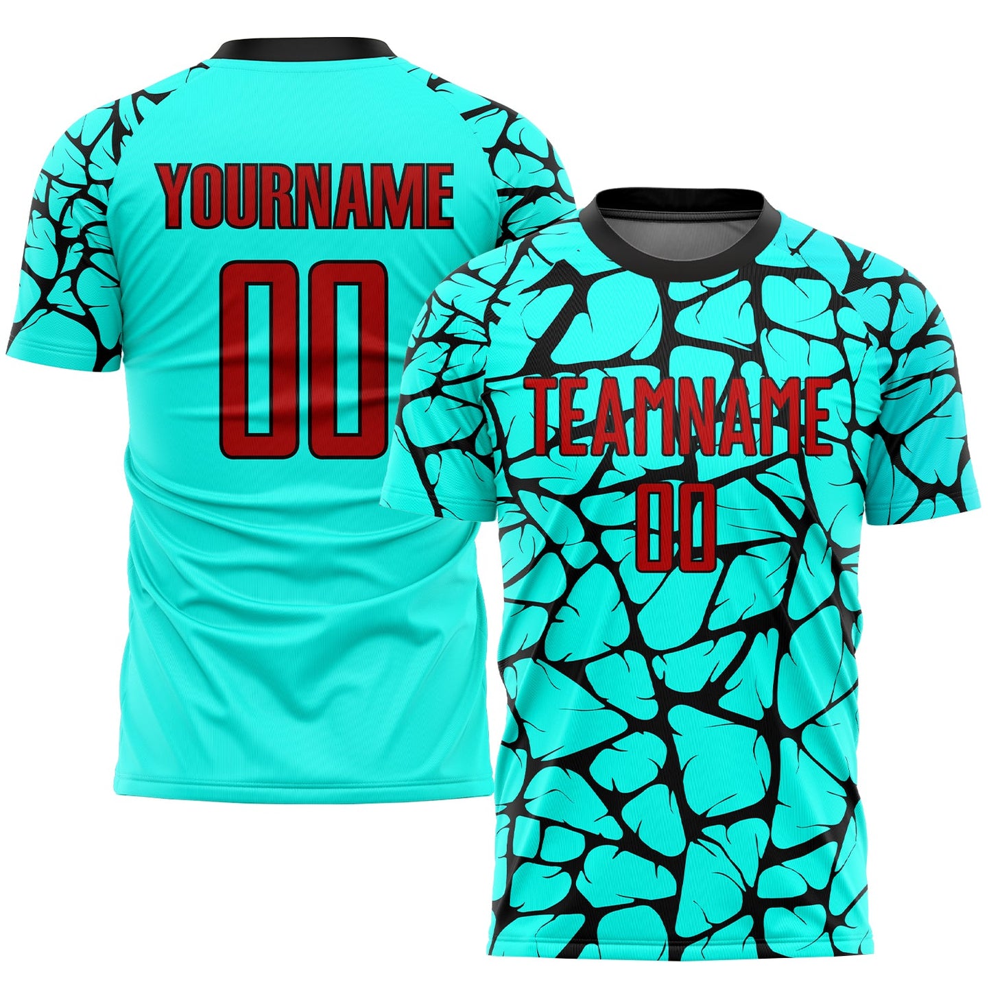 Camiseta de fútbol personalizada con sublimación en rojo aguamarina y negro