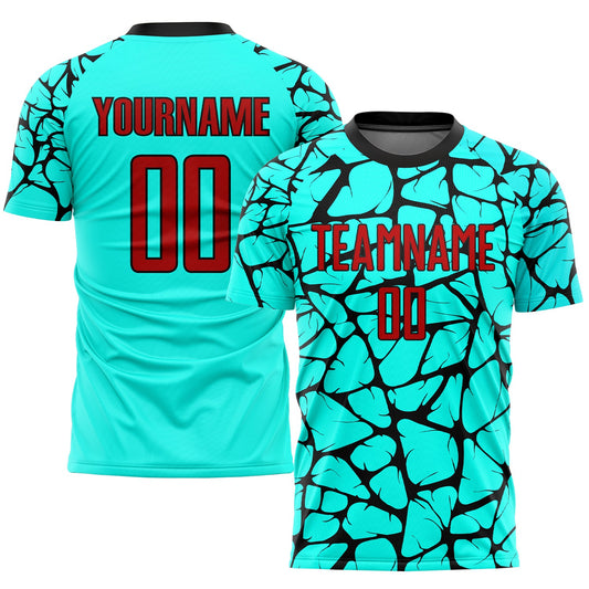 Camiseta de fútbol personalizada con sublimación en rojo aguamarina y negro