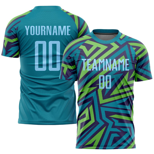 Camiseta de fútbol personalizada con sublimación en azul claro y verde Kelly