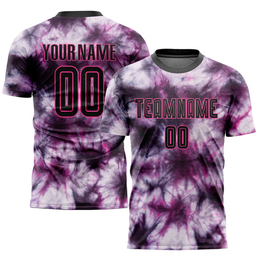 Camiseta de fútbol personalizada con sublimación tie-dye en negro y rosa