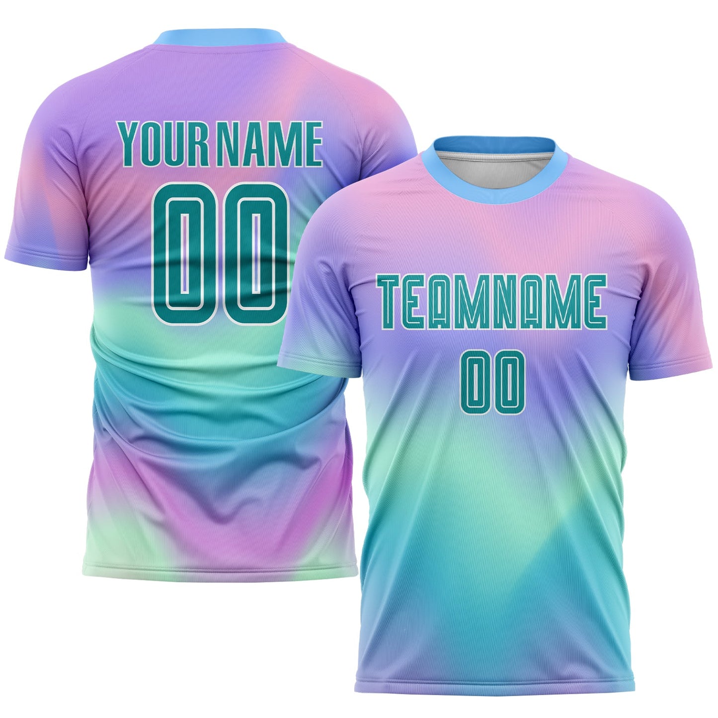 Camiseta de fútbol personalizada con sublimación tie-dye en verde azulado y blanco