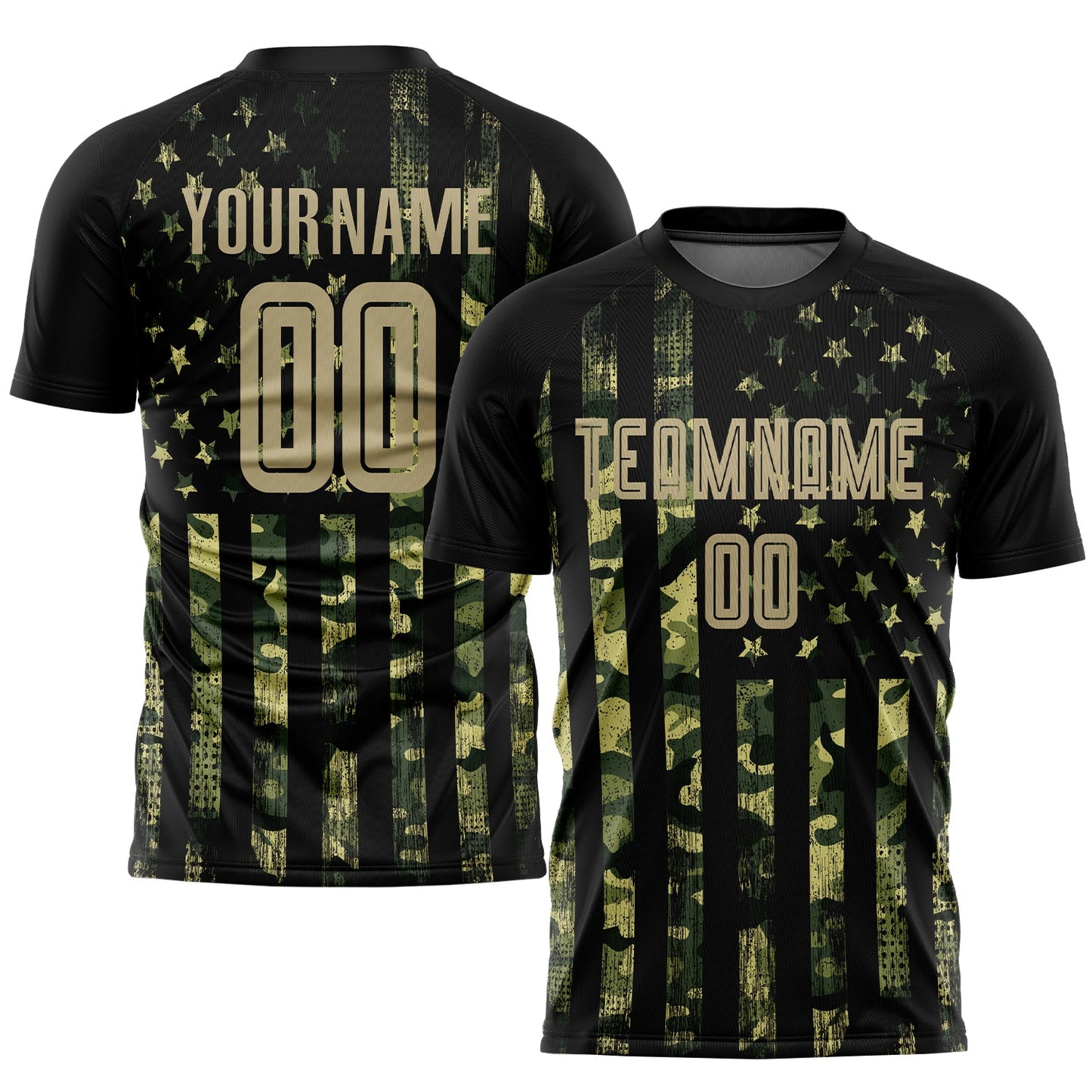 Camiseta de fútbol personalizada con diseño de camuflaje Vegas dorado y negro, con la bandera estadounidense, sublimada y con el saludo al servicio.