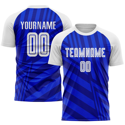Camiseta de fútbol personalizada por sublimación en blanco real y azul marino
