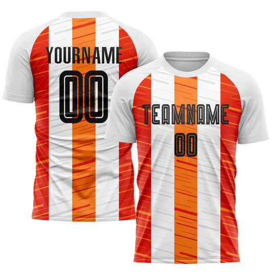 Camiseta de fútbol personalizada con sublimación en blanco, negro y naranja
