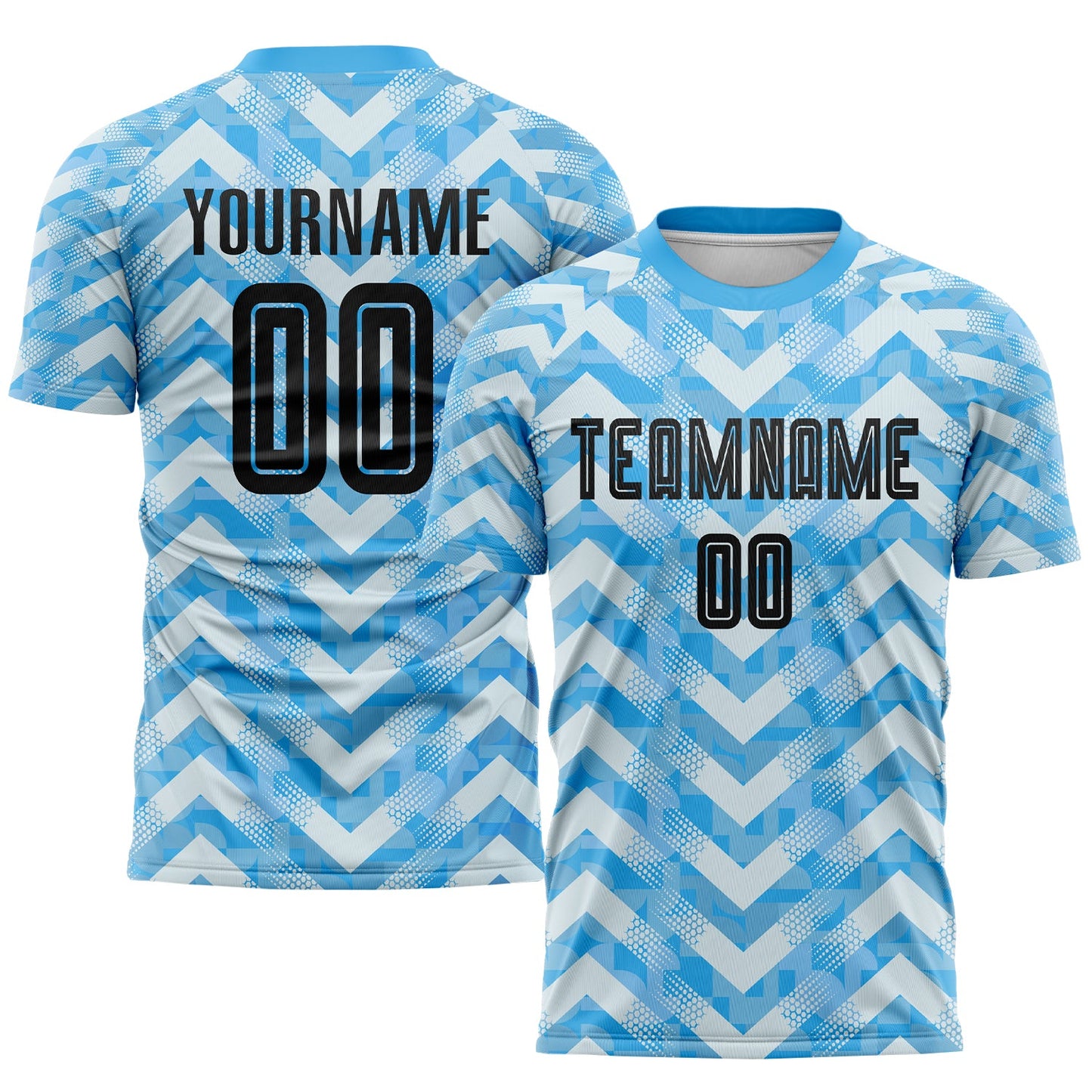 Camiseta de fútbol personalizada de sublimación para local, azul claro, negro y blanco