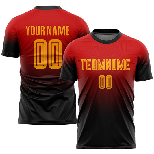 Camiseta de fútbol personalizada con sublimación en rojo, dorado y negro.