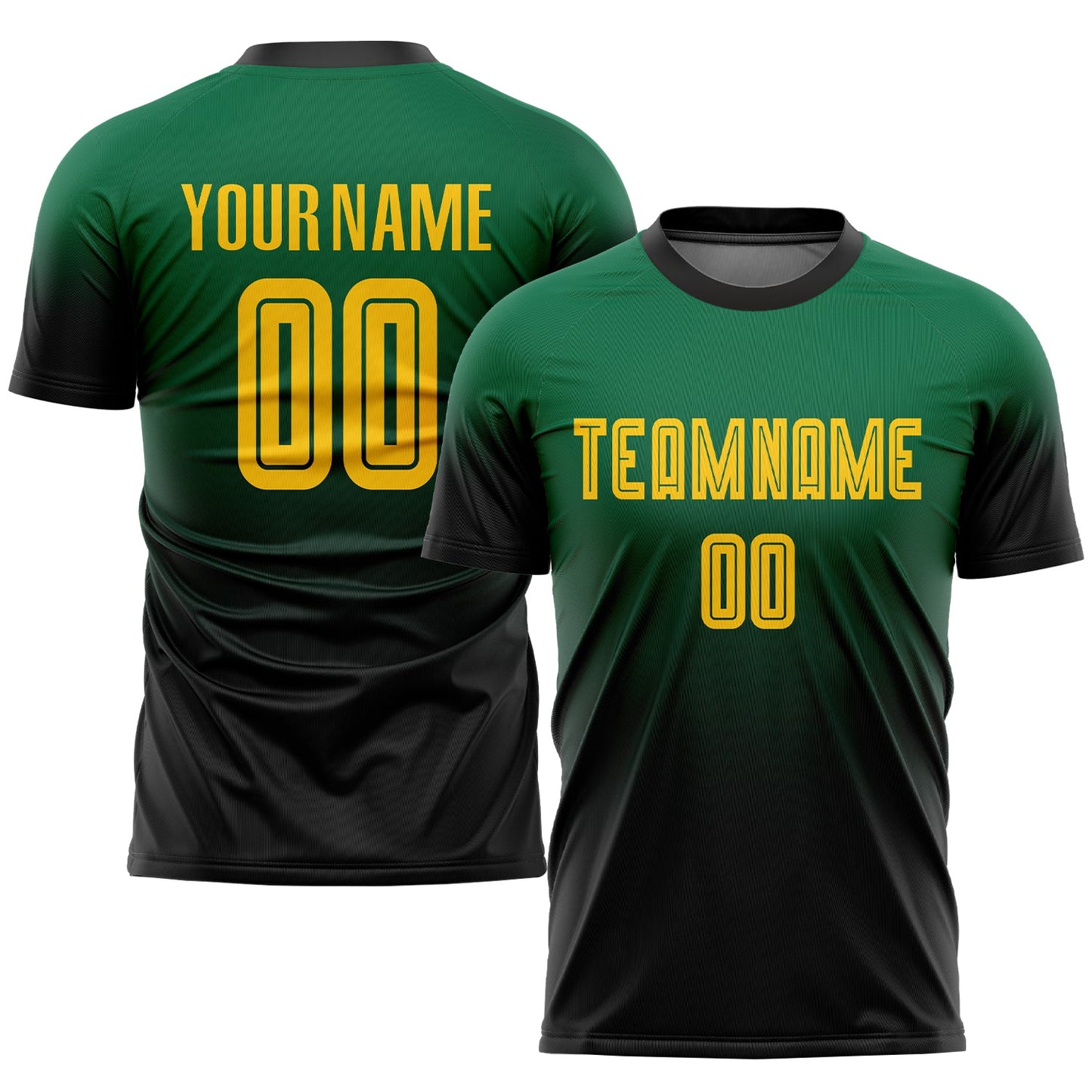 Camiseta de fútbol personalizada Kelly Green, dorada y negra, con sublimación desteñida