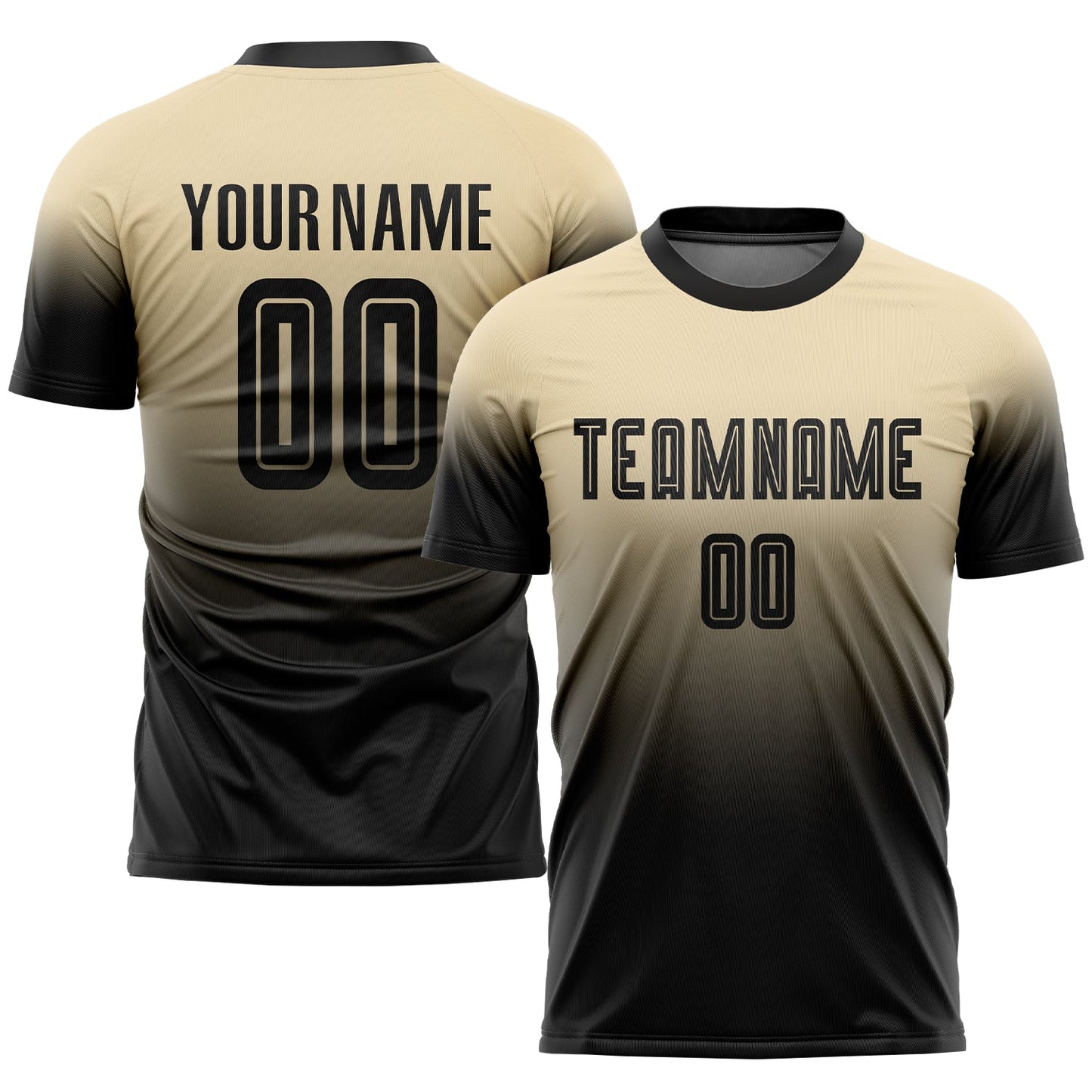 Camiseta de fútbol personalizada con sublimación en crema y negro, con efecto degradado