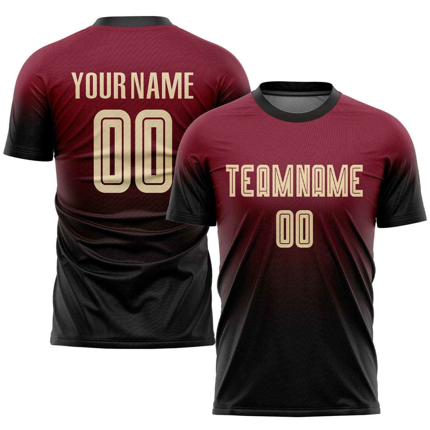 Camiseta de fútbol personalizada con sublimación en color crema carmesí y negro degradado