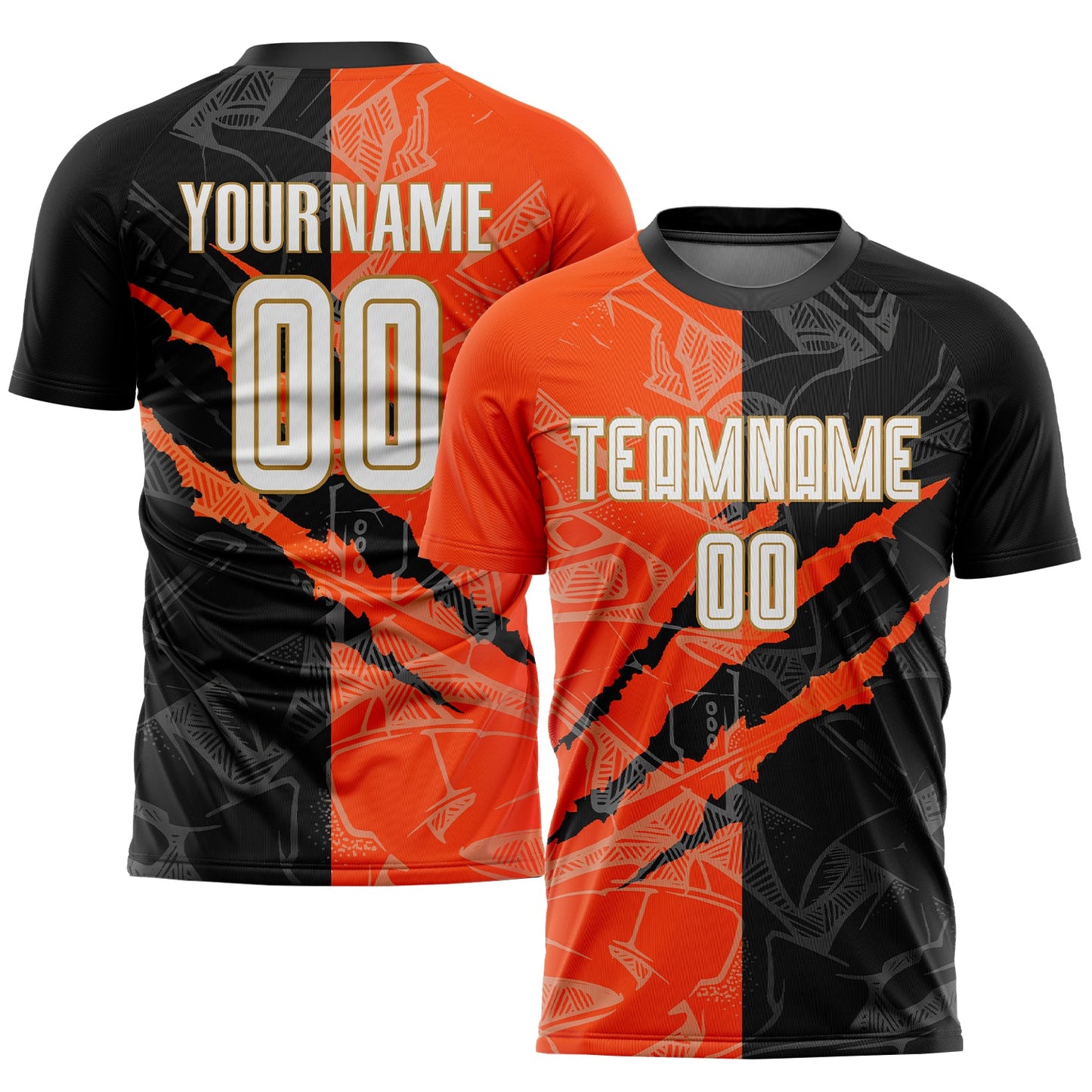 Camiseta de fútbol personalizada con estampado de grafiti, color blanco, negro, naranja y dorado viejo, para rascar por sublimación