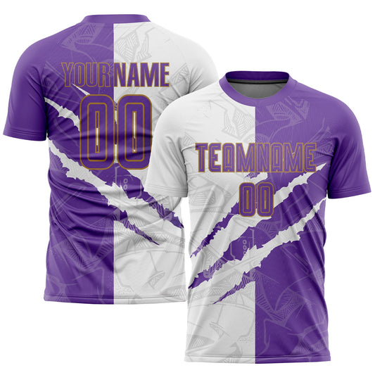 Camiseta de fútbol personalizada con estampado de grafiti, color morado, blanco y dorado viejo, para sublimación y rayado