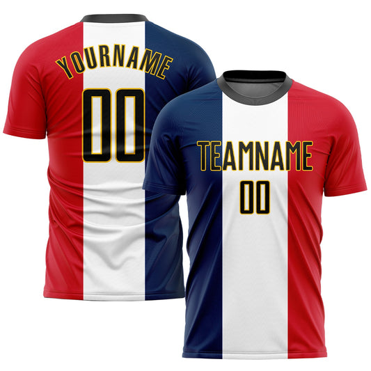 Camiseta de fútbol personalizada con sublimación de la bandera francesa, azul marino, negro, blanco, rojo y dorado