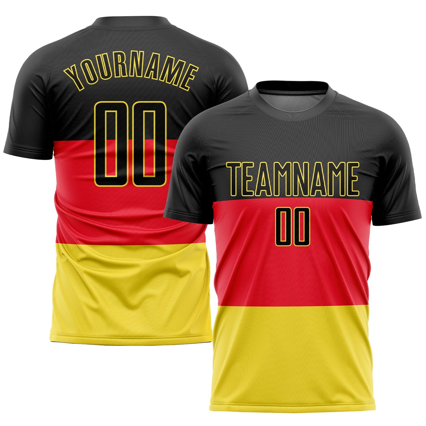 Camiseta de fútbol personalizada con sublimación de la bandera alemana en rojo, negro y dorado