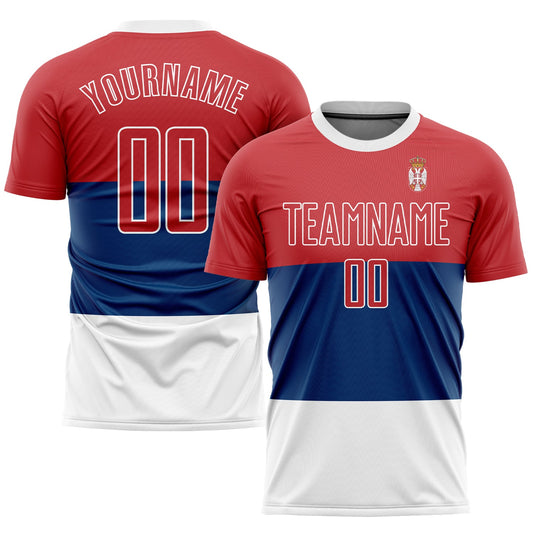Camiseta de fútbol personalizada con la bandera serbia, sublimada en rojo y blanco.