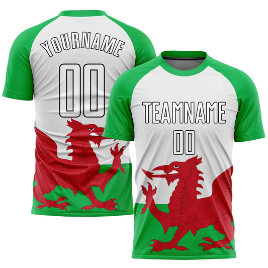 Camiseta de fútbol personalizada con sublimación de la bandera galesa en verde, blanco, rojo y negro