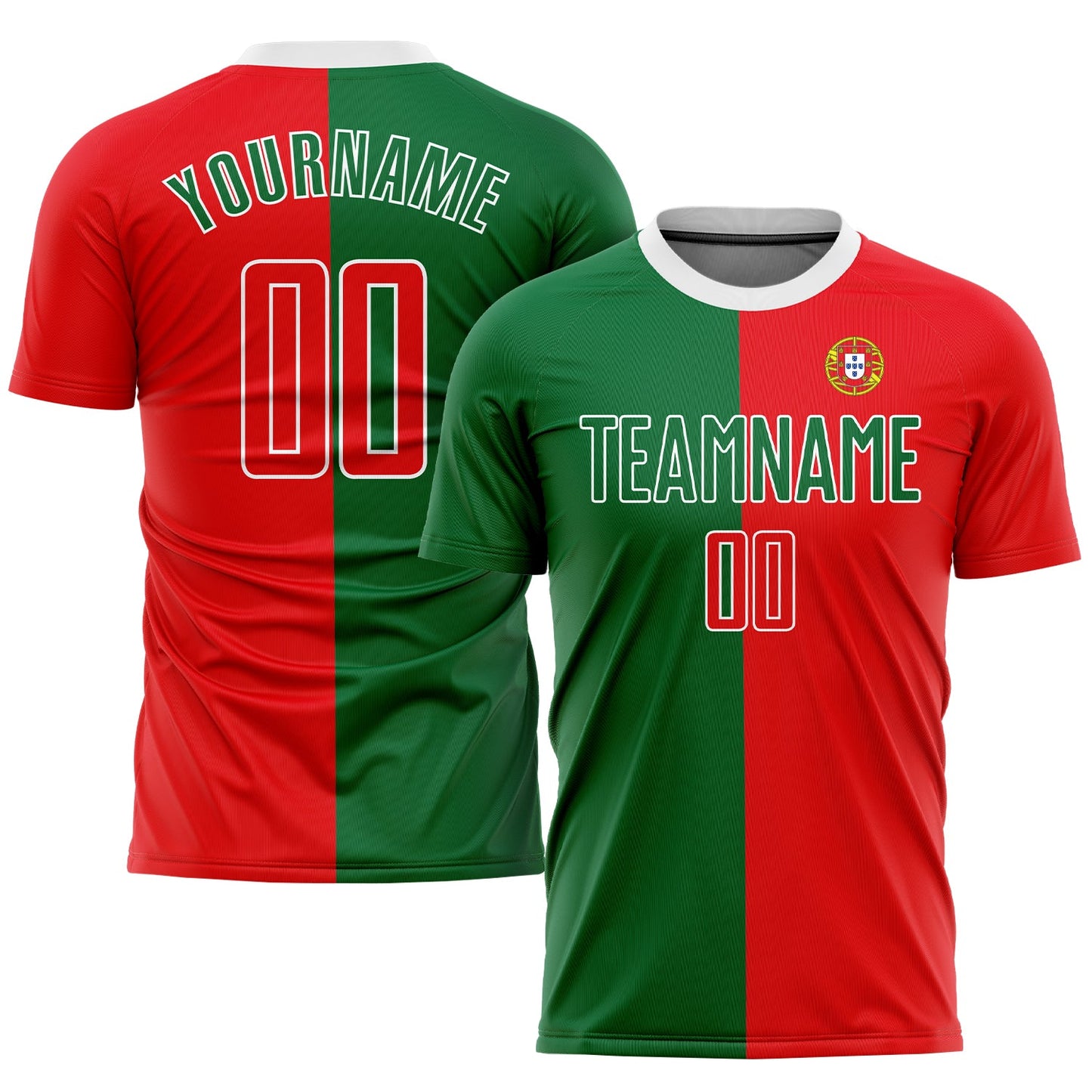 Camiseta de fútbol personalizada con sublimación de la bandera portuguesa, color verde Kelly, rojo y blanco