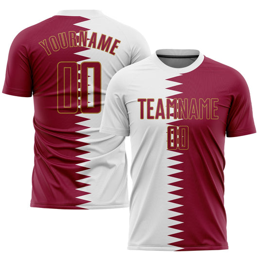 Camiseta de fútbol personalizada con sublimación de la bandera de Qatar en blanco carmesí y oro viejo
