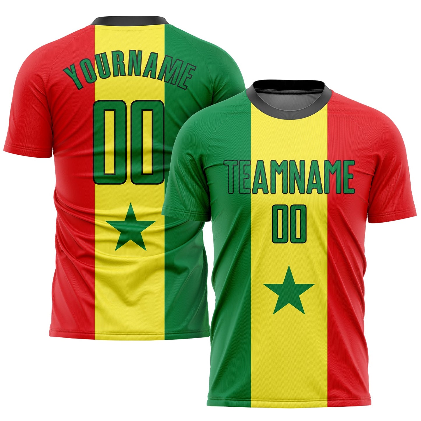 Camiseta de fútbol personalizada con sublimación de la bandera senegalesa, color verde Kelly, rojo y negro, dorada