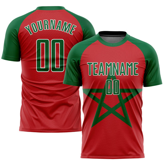 Camiseta de fútbol personalizada con sublimación de la bandera marroquí, color rojo, verde y blanco.