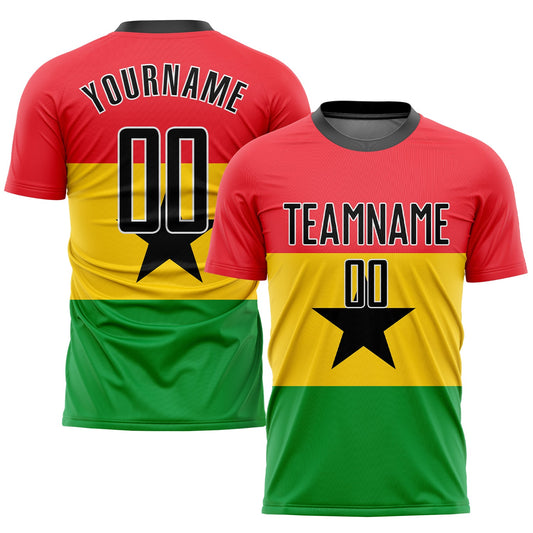 Camiseta de fútbol personalizada con sublimación de la bandera de Ghana, en rojo, negro, dorado y verde Kelly