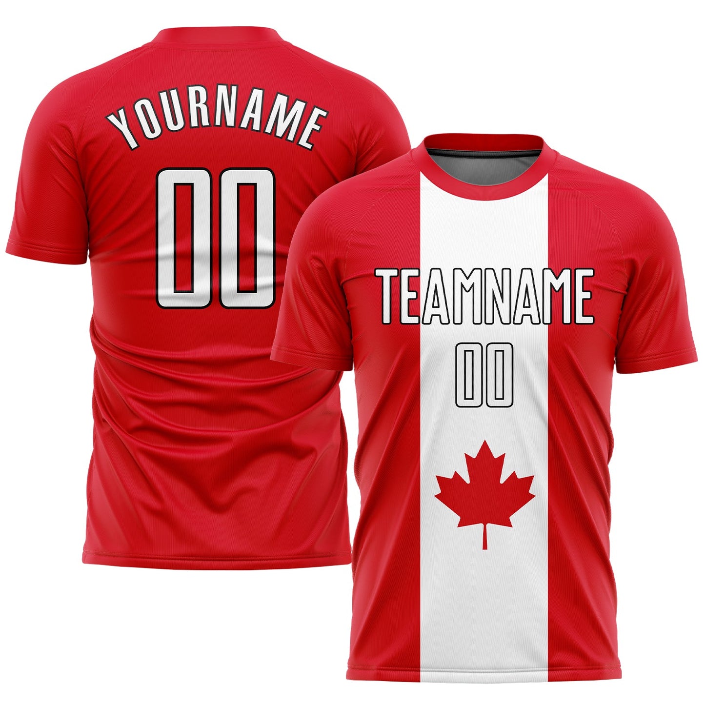 Camiseta de fútbol personalizada con sublimación de la bandera canadiense en rojo, blanco y negro