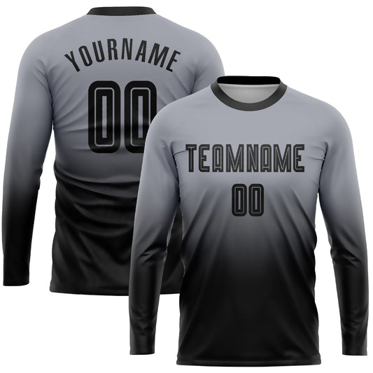 Camiseta de fútbol personalizada de manga larga con sublimación en gris y negro, con efecto desteñido