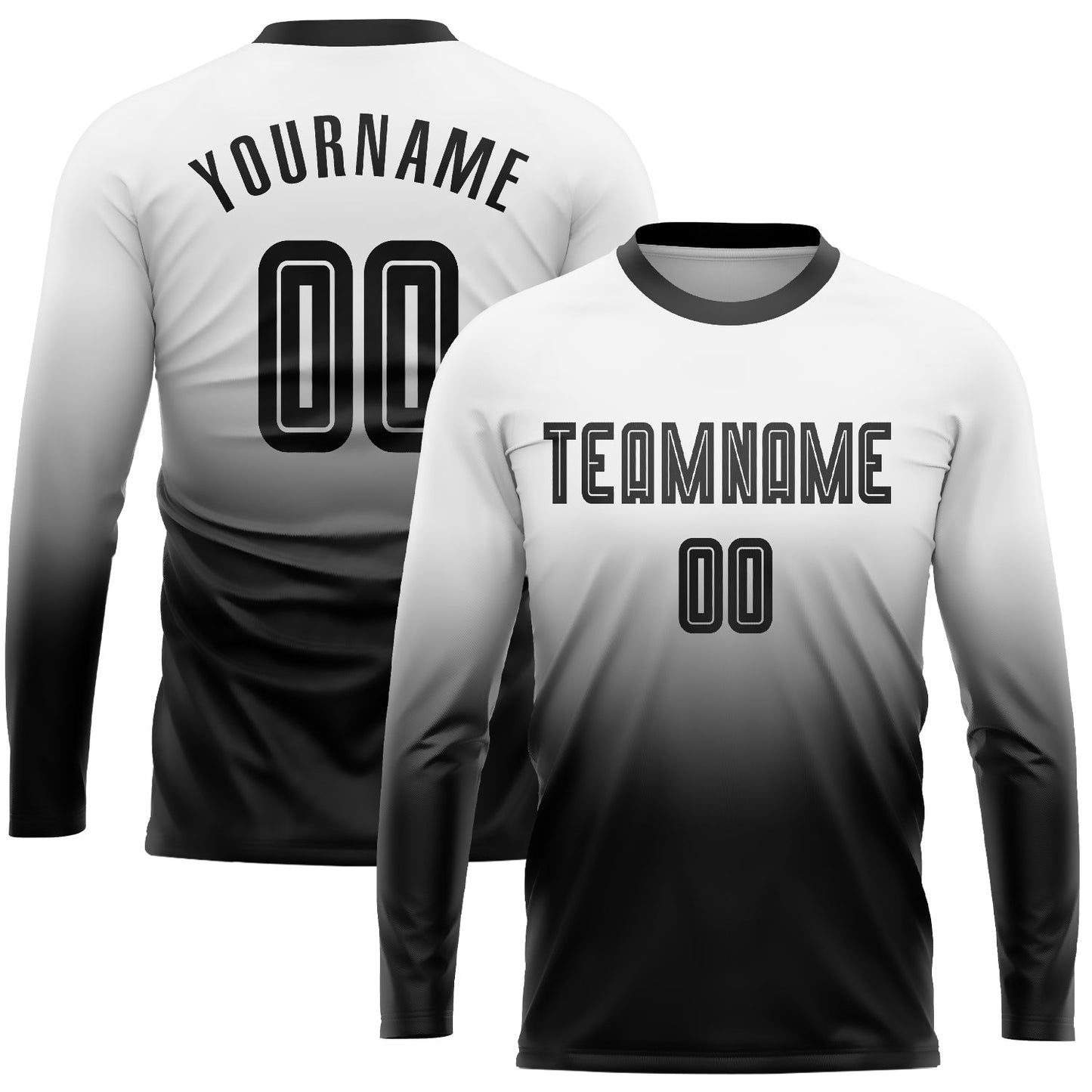 Camiseta de fútbol personalizada de manga larga con sublimación en blanco y negro, con efecto desteñido