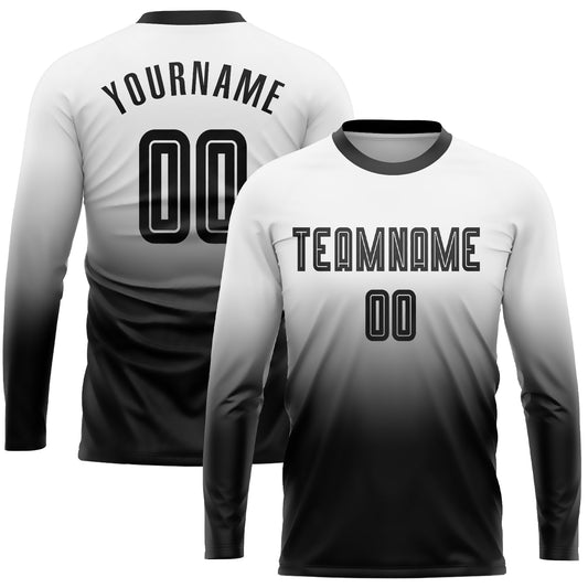 Camiseta de fútbol personalizada de manga larga con sublimación en blanco y negro, con efecto desteñido