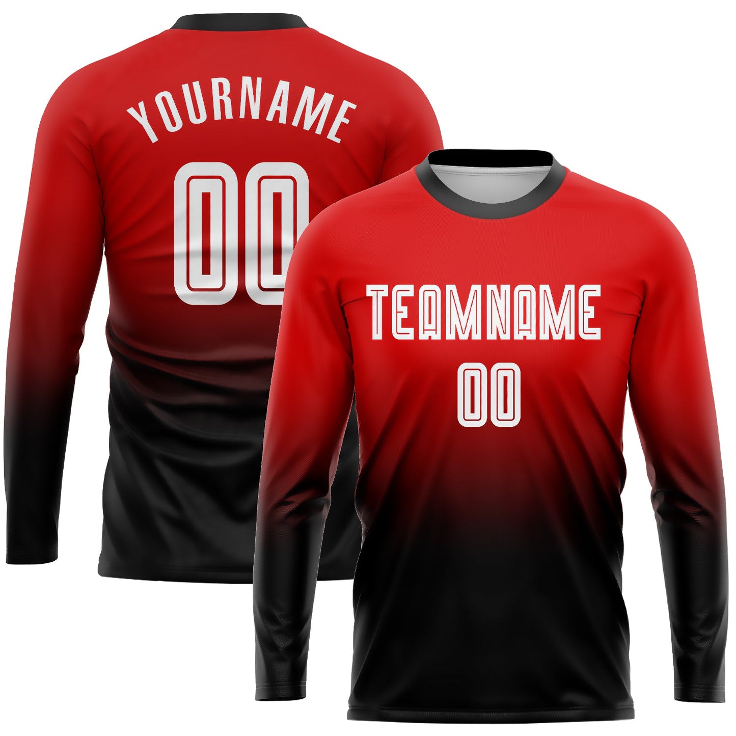 Camiseta de fútbol personalizada de manga larga con sublimación en rojo, blanco y negro, con efecto desteñido