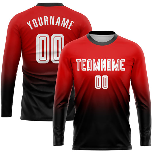 Camiseta de fútbol personalizada de manga larga con sublimación en rojo, blanco y negro, con efecto desteñido