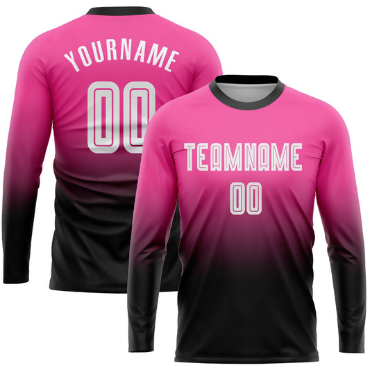 Camiseta de fútbol personalizada de manga larga con degradado, sublimación en rosa, blanco y negro