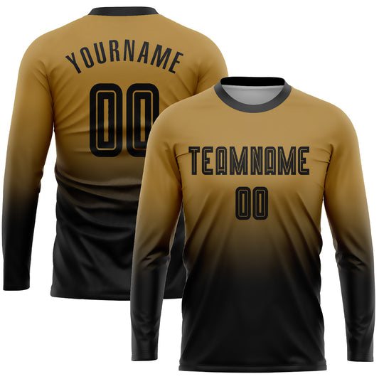 Camiseta de fútbol personalizada de manga larga con sublimación en dorado antiguo y negro, con efecto desteñido