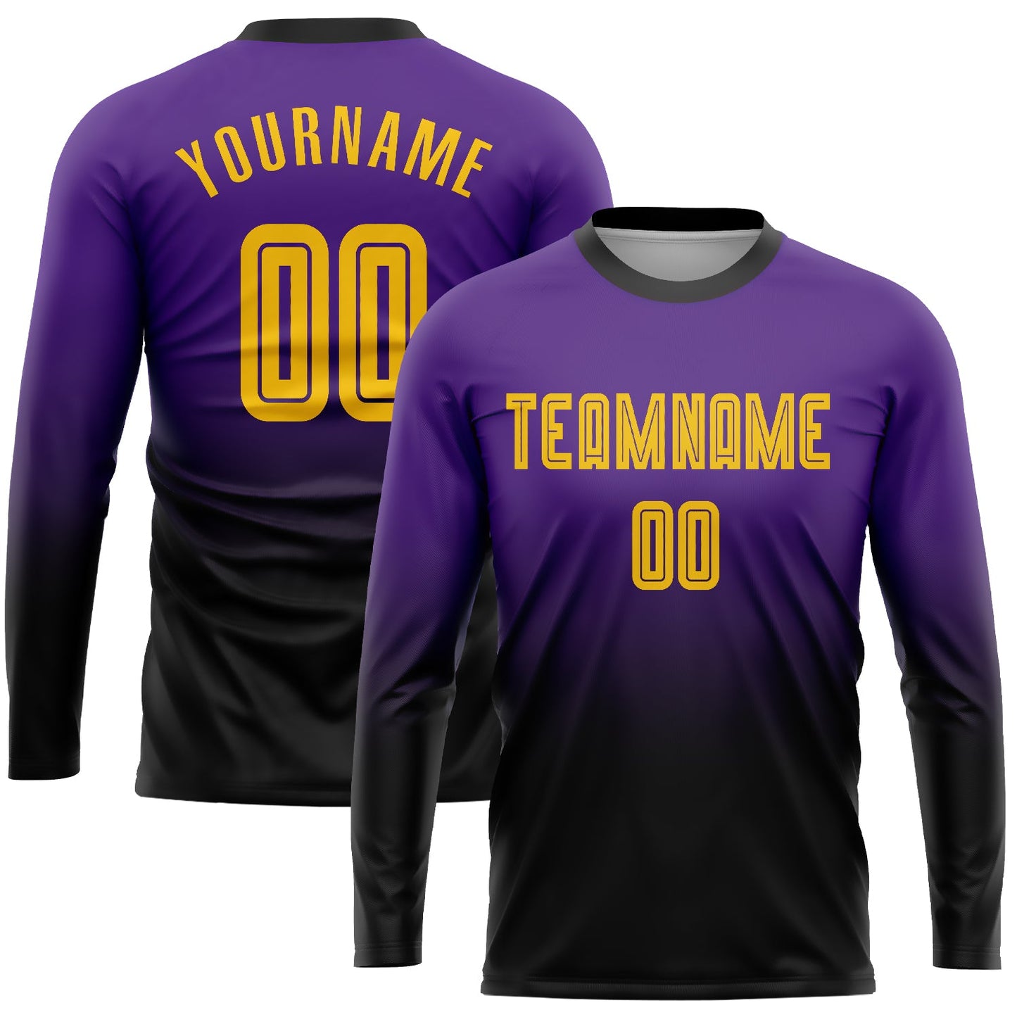 Camiseta de fútbol personalizada de manga larga con degradado, color morado, dorado y negro, sublimada
