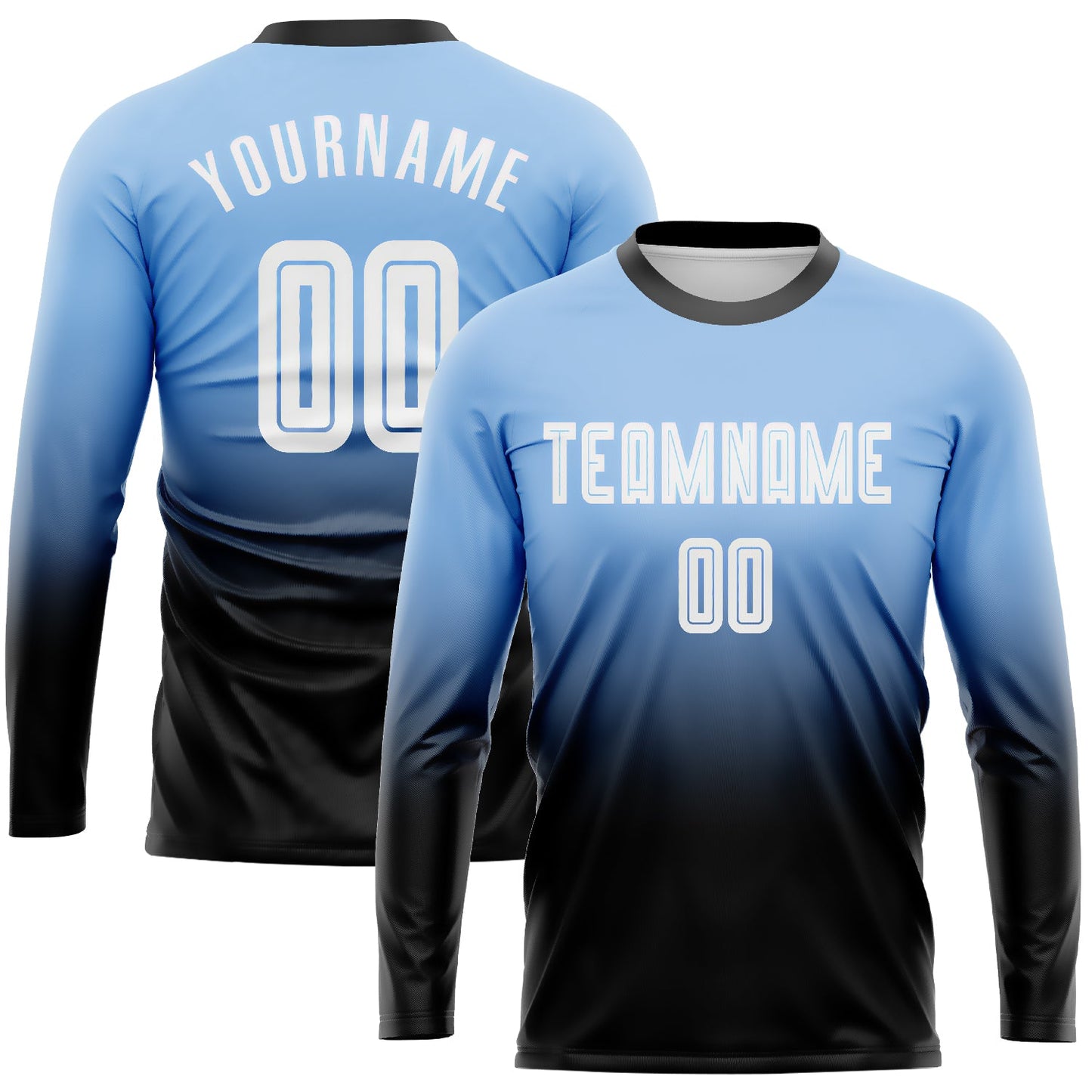 Camiseta de fútbol personalizada de manga larga con degradado, sublimación en azul claro, blanco y negro