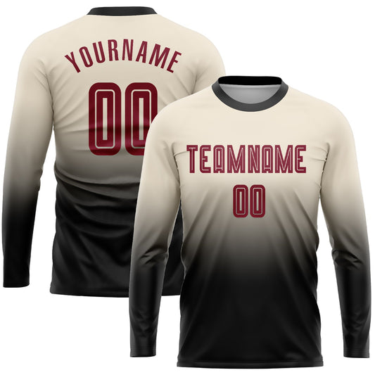 Camiseta de fútbol personalizada de manga larga con degradado, color crema carmesí y negro, sublimación
