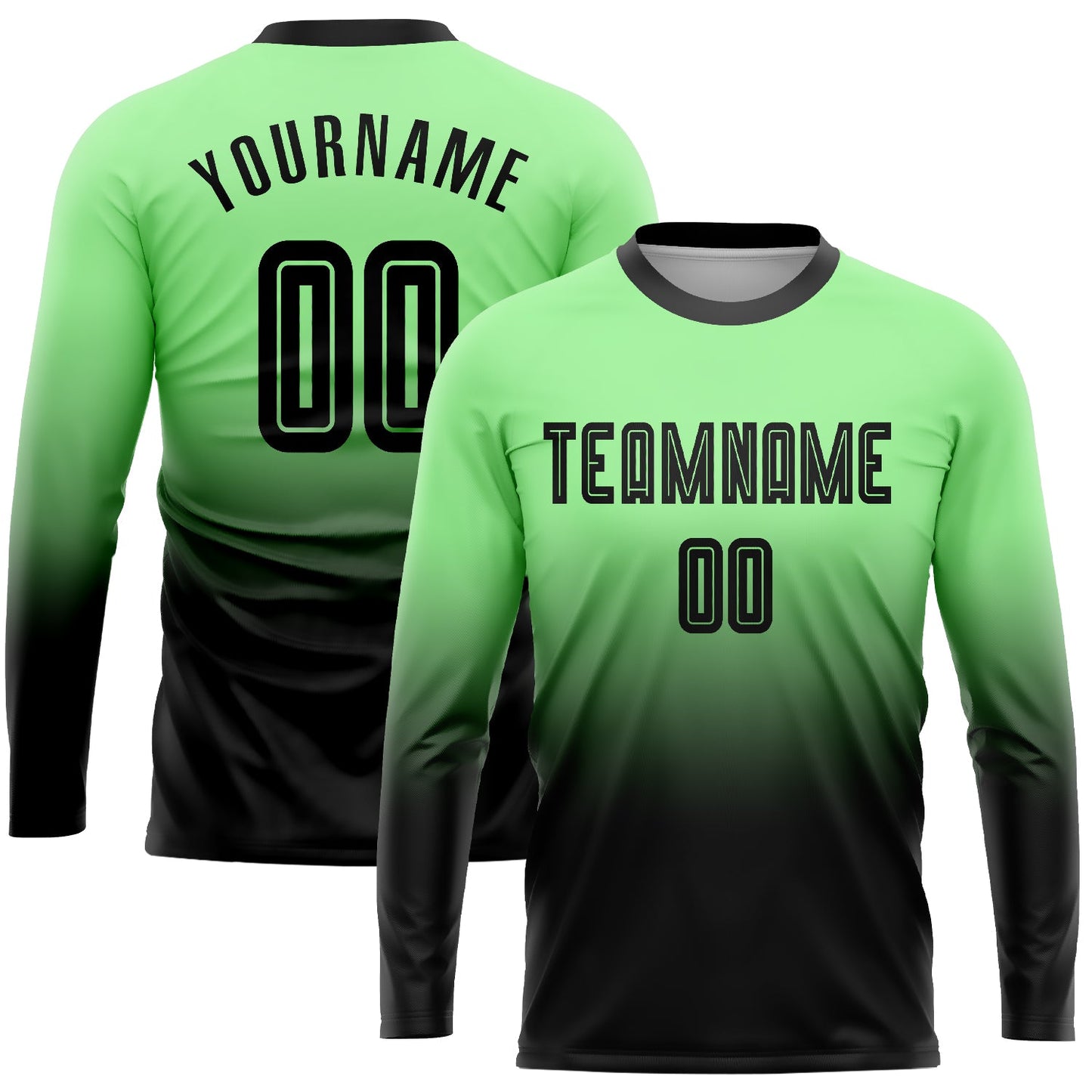 Camiseta de fútbol personalizada de manga larga con degradado, color verde guisante y negro, sublimada