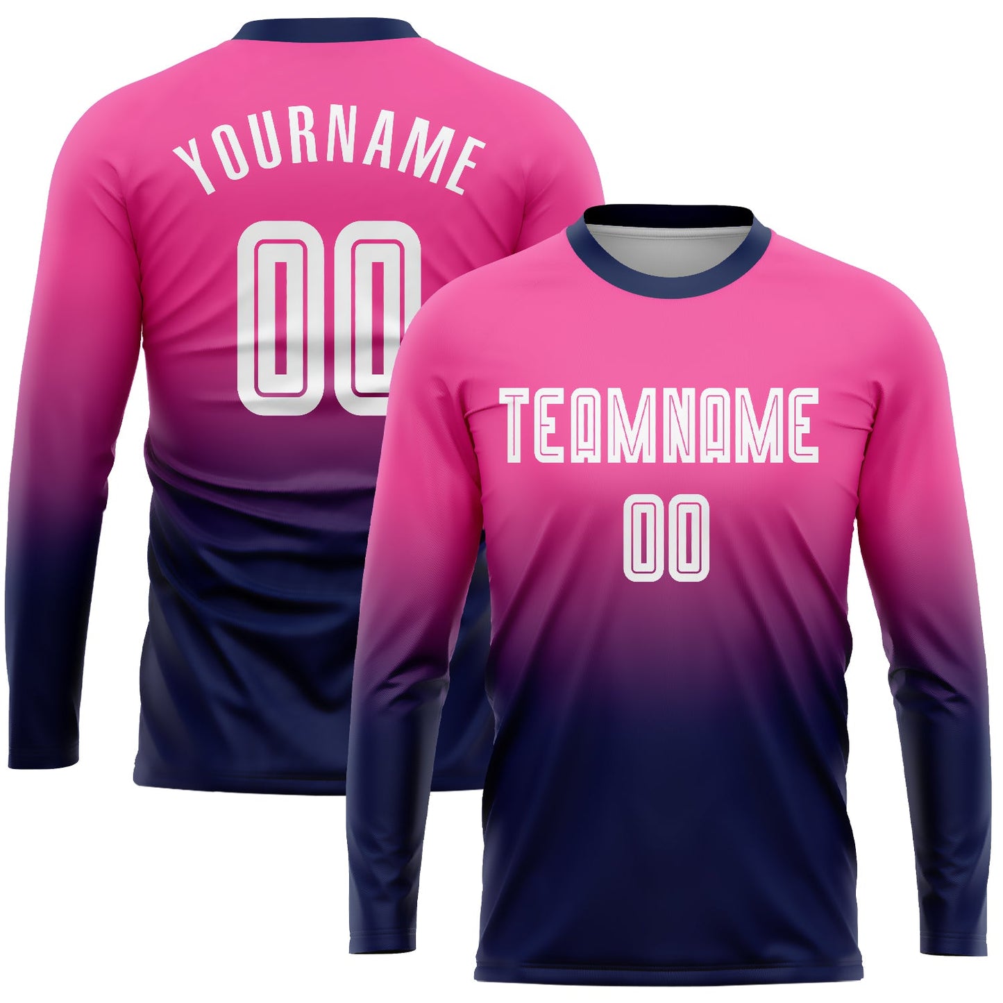Camiseta de fútbol personalizada de manga larga con degradado, sublimación en rosa, blanco y azul marino